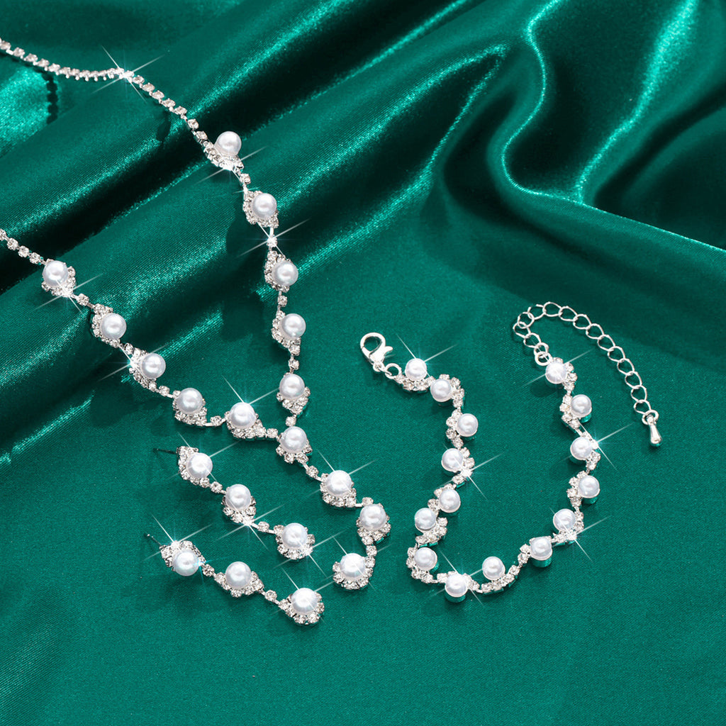 Gold Pearl Rhinestone Jewelry Set Necklace Bracelet Earrings for Wedding or Party