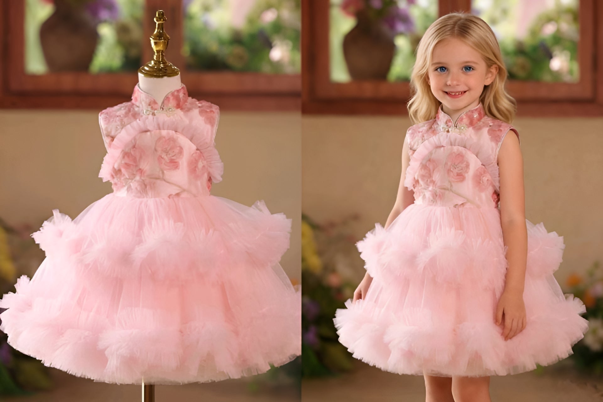 Princess Pink 3D Flowers Girl Pageant Dress For Birthday Party SL113