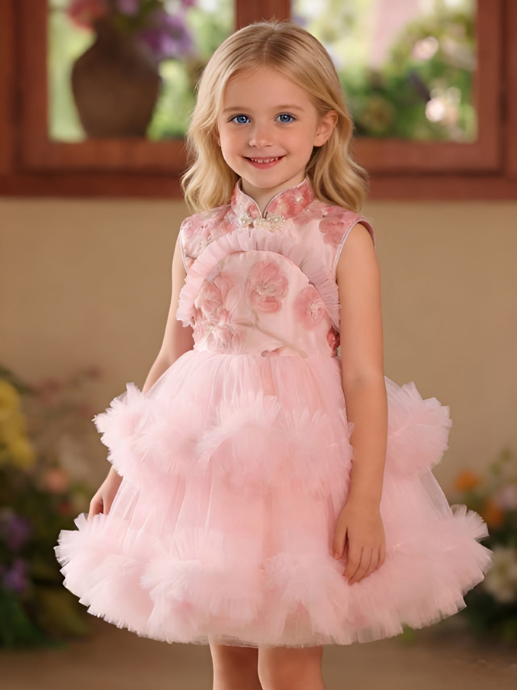 Princess Pink 3D Flowers Girl Pageant Dress For Birthday Party SL113