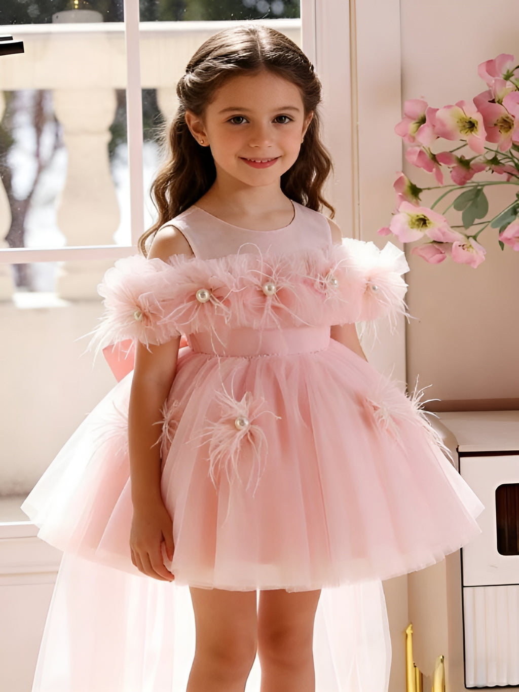 Pink Knee Length 1st Birthday Flower Girl Dress SL111