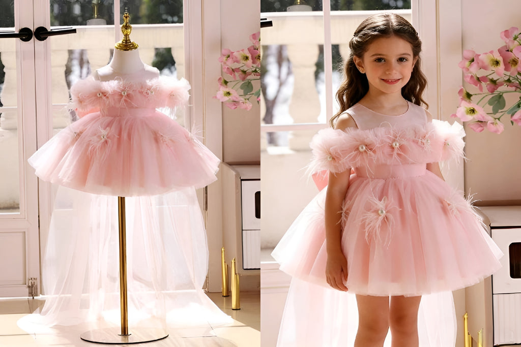 Pink Knee Length 1st Birthday Flower Girl Dress SL111