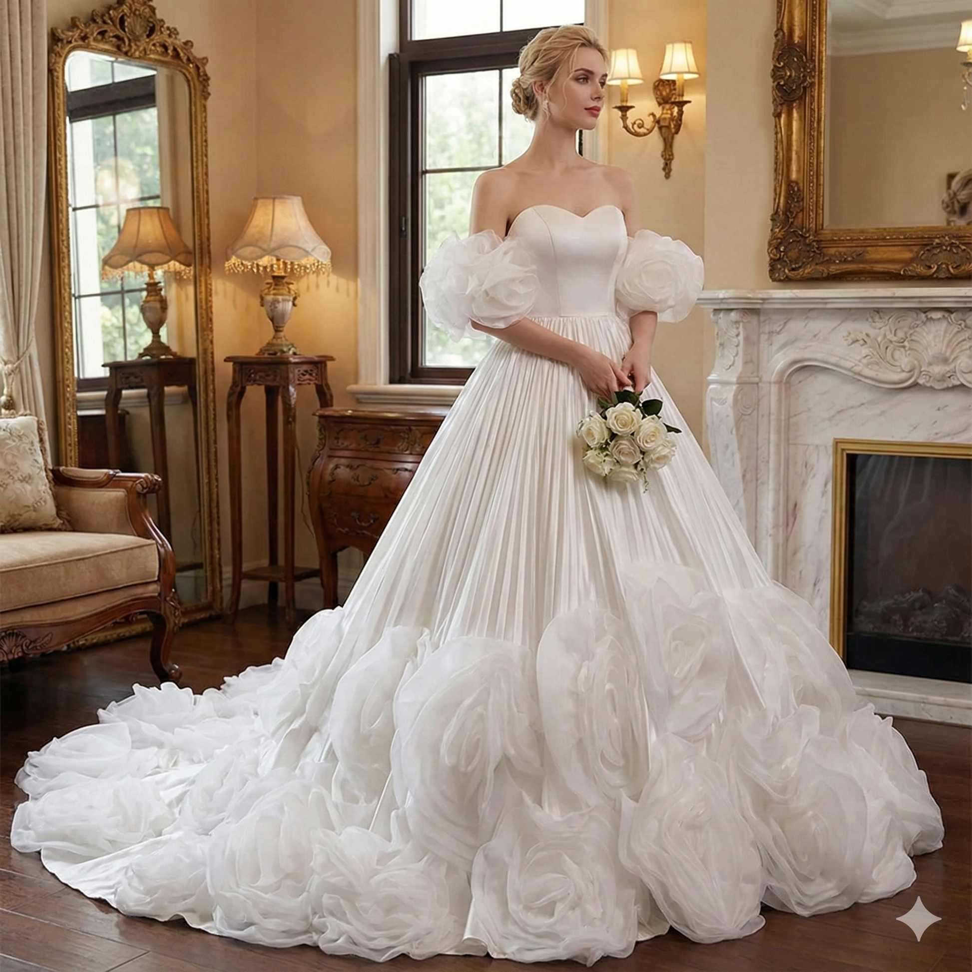 White Satin Evening Dress with Flower Shaped Puff Sleeves E046