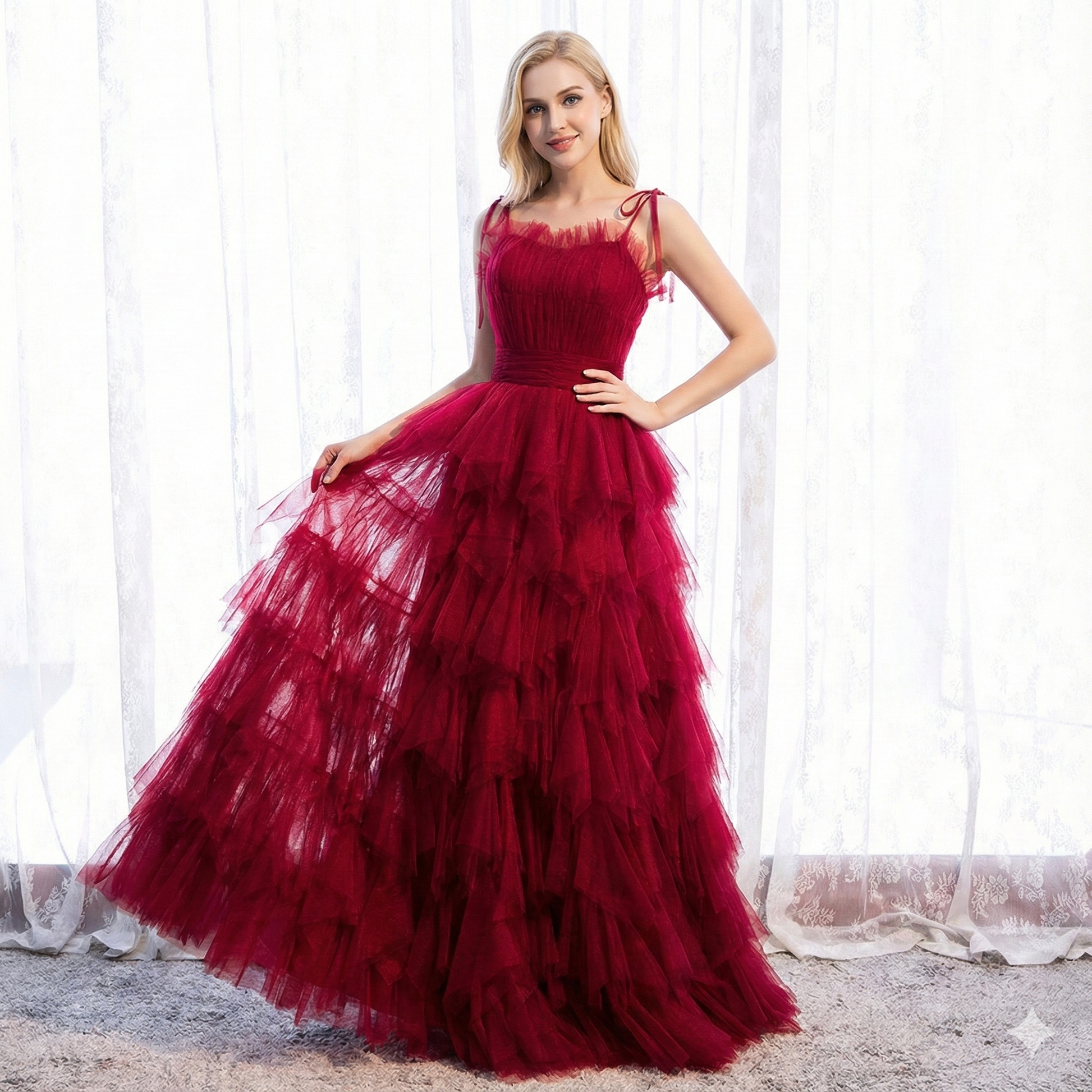 Black Tiered Tulle Evening Dress with String Straps E045