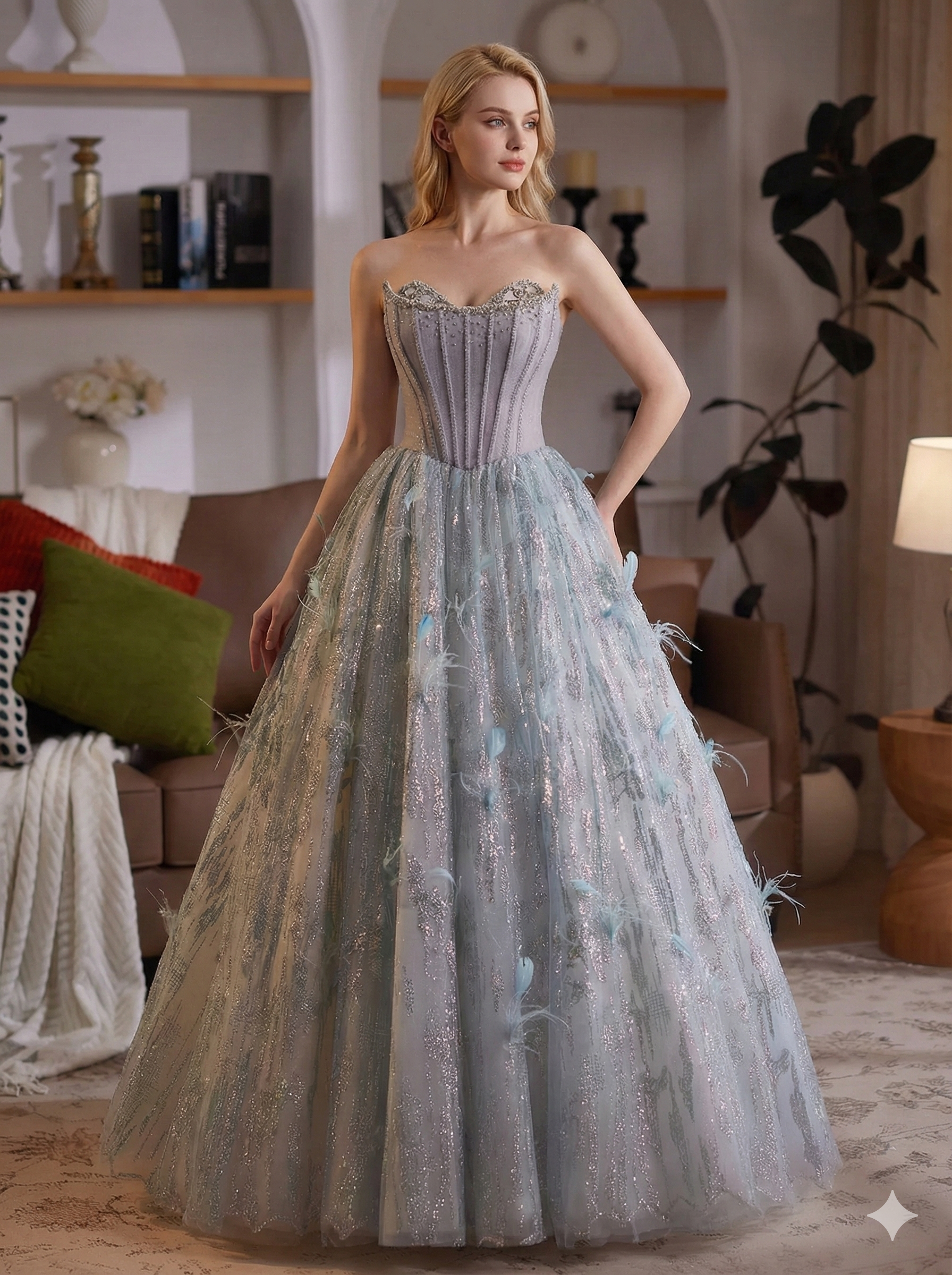 Gray Tulle Evening Dress with Feather & Sequin Details E031