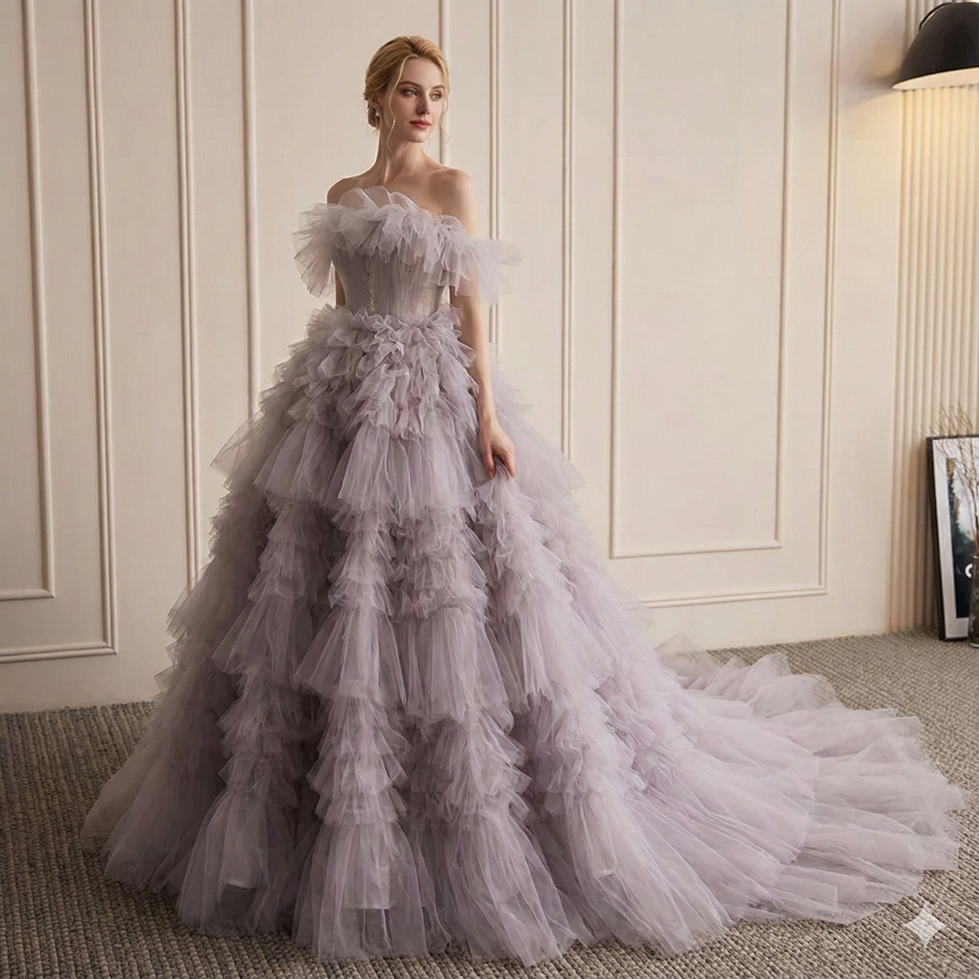 Lavender Off - Shoulder Tiered Tulle Evening Dress E025