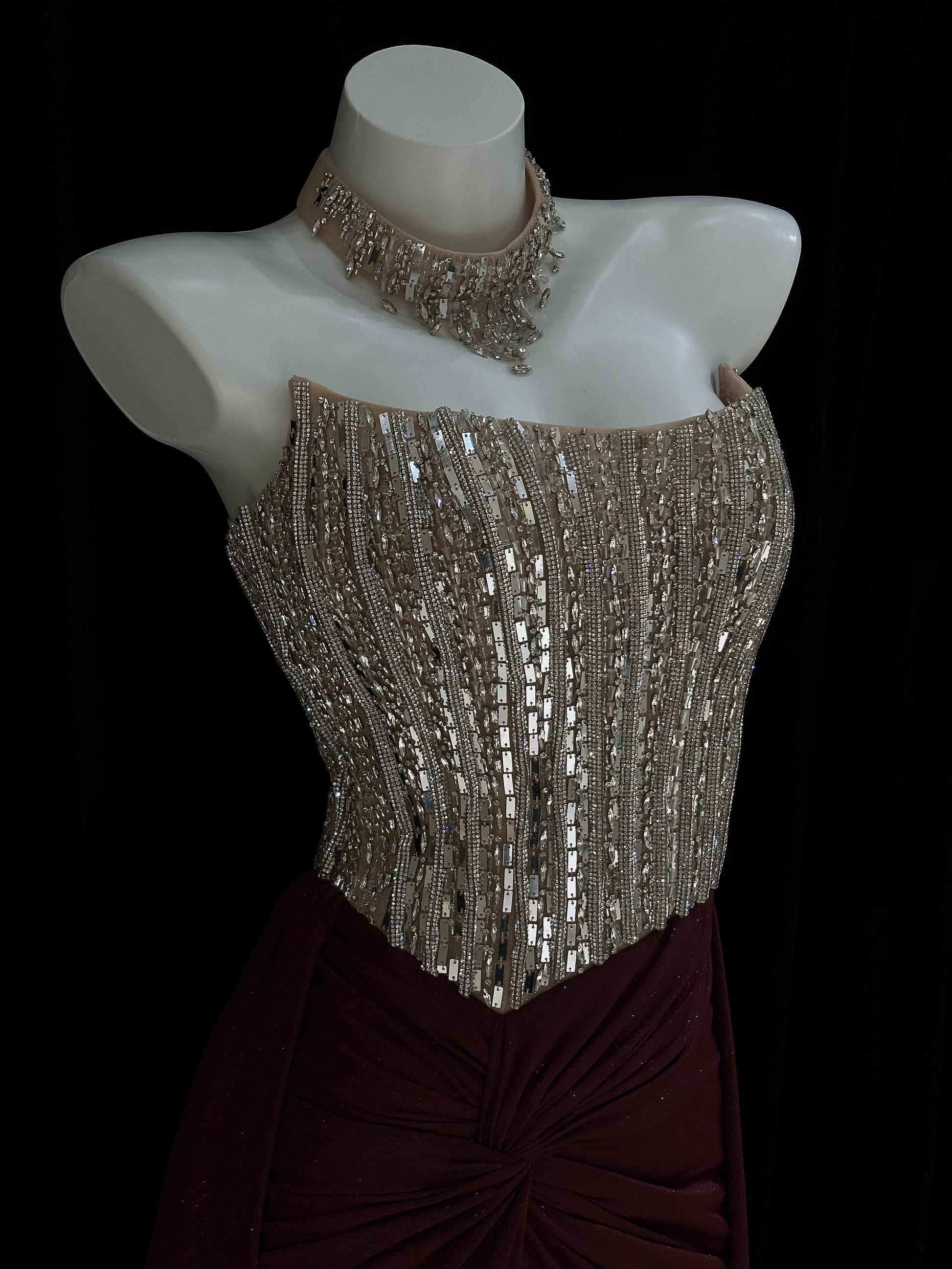 Radiant Silver Burgundy Couture Gown 2026 New Year Prom Dress AF119