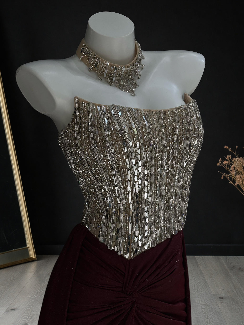 Radiant Silver Burgundy Couture Gown 2026 New Year Prom Dress AF119