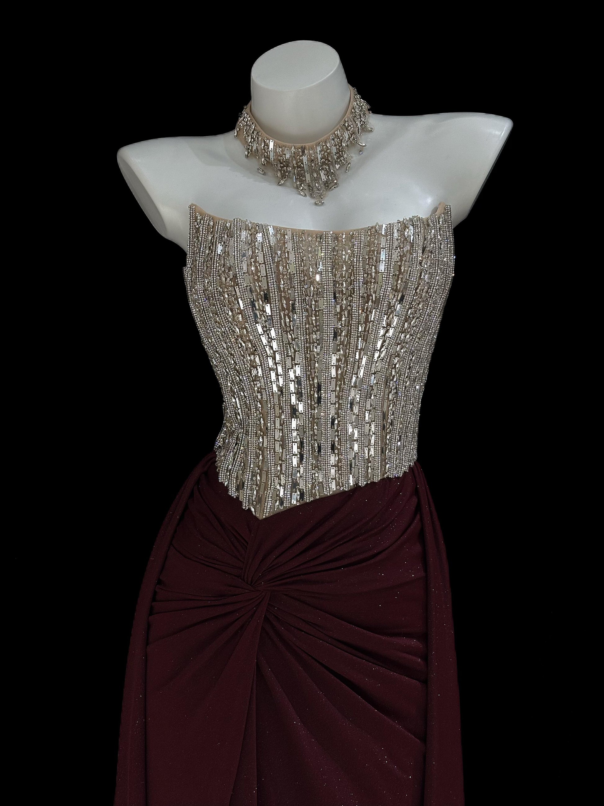 Radiant Silver Burgundy Couture Gown 2026 New Year Prom Dress AF119