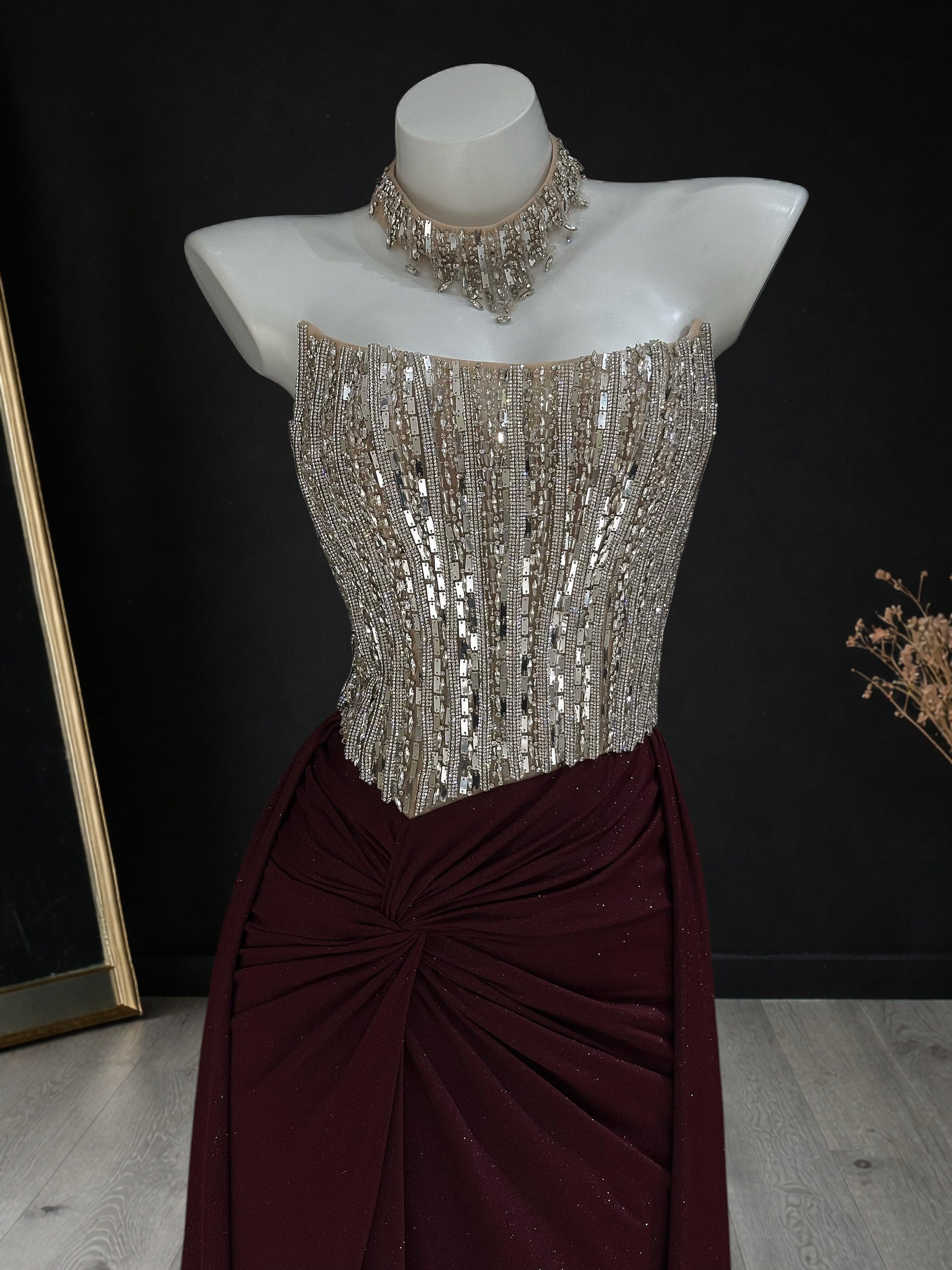 Radiant Silver Burgundy Couture Gown 2026 New Year Prom Dress AF119