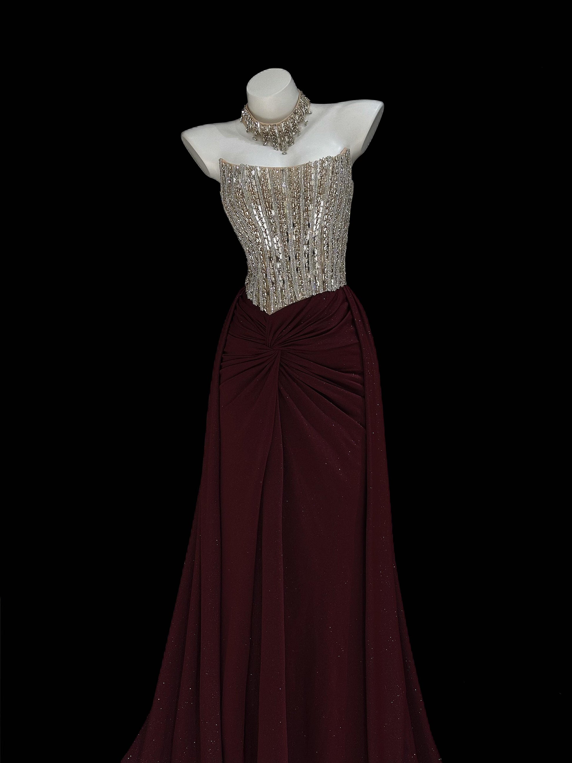 Radiant Silver Burgundy Couture Gown 2026 New Year Prom Dress AF119