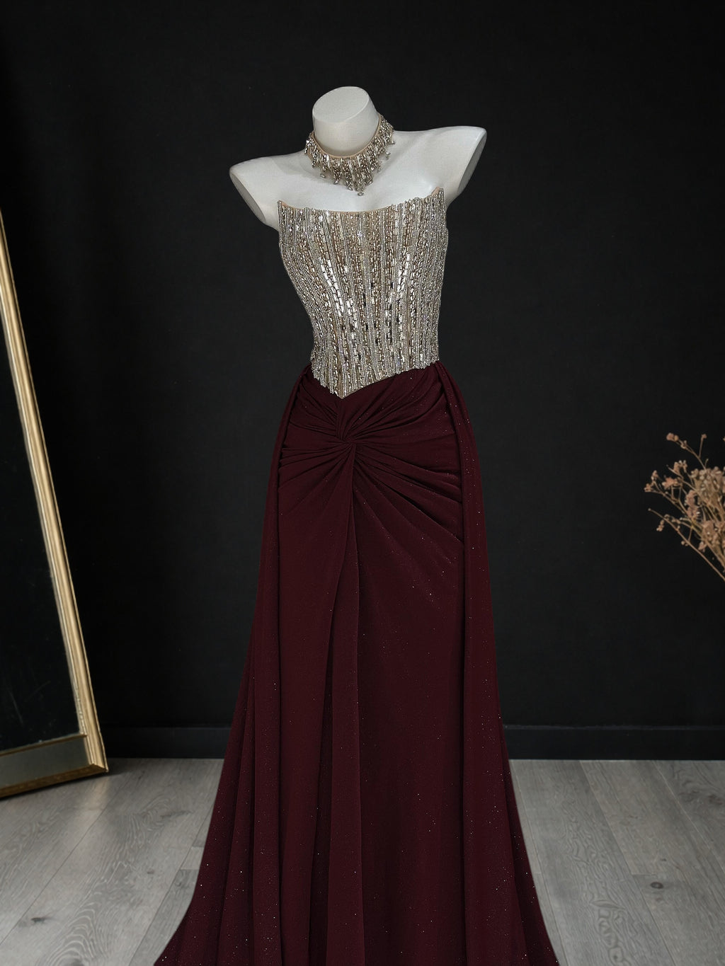 Radiant Silver Burgundy Couture Gown 2026 New Year Prom Dress AF119