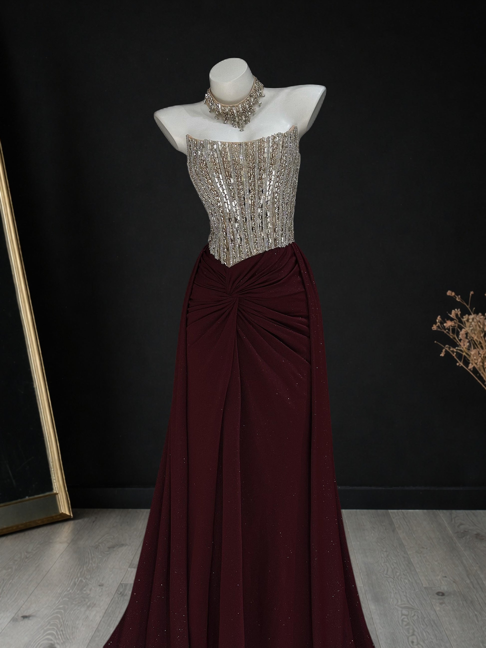 Radiant Silver Burgundy Couture Gown 2026 New Year Prom Dress AF119
