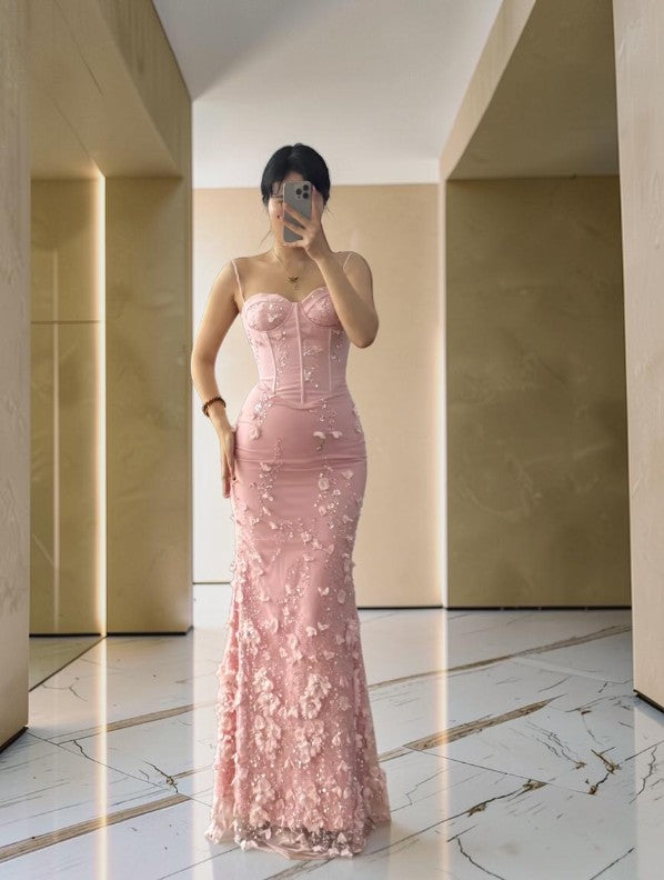 Luxury Blush Pink Sequin 3D Floral Corset Gown DN123