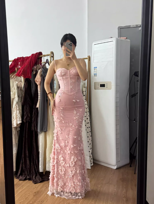 Luxury Blush Pink Sequin 3D Floral Corset Gown DN123