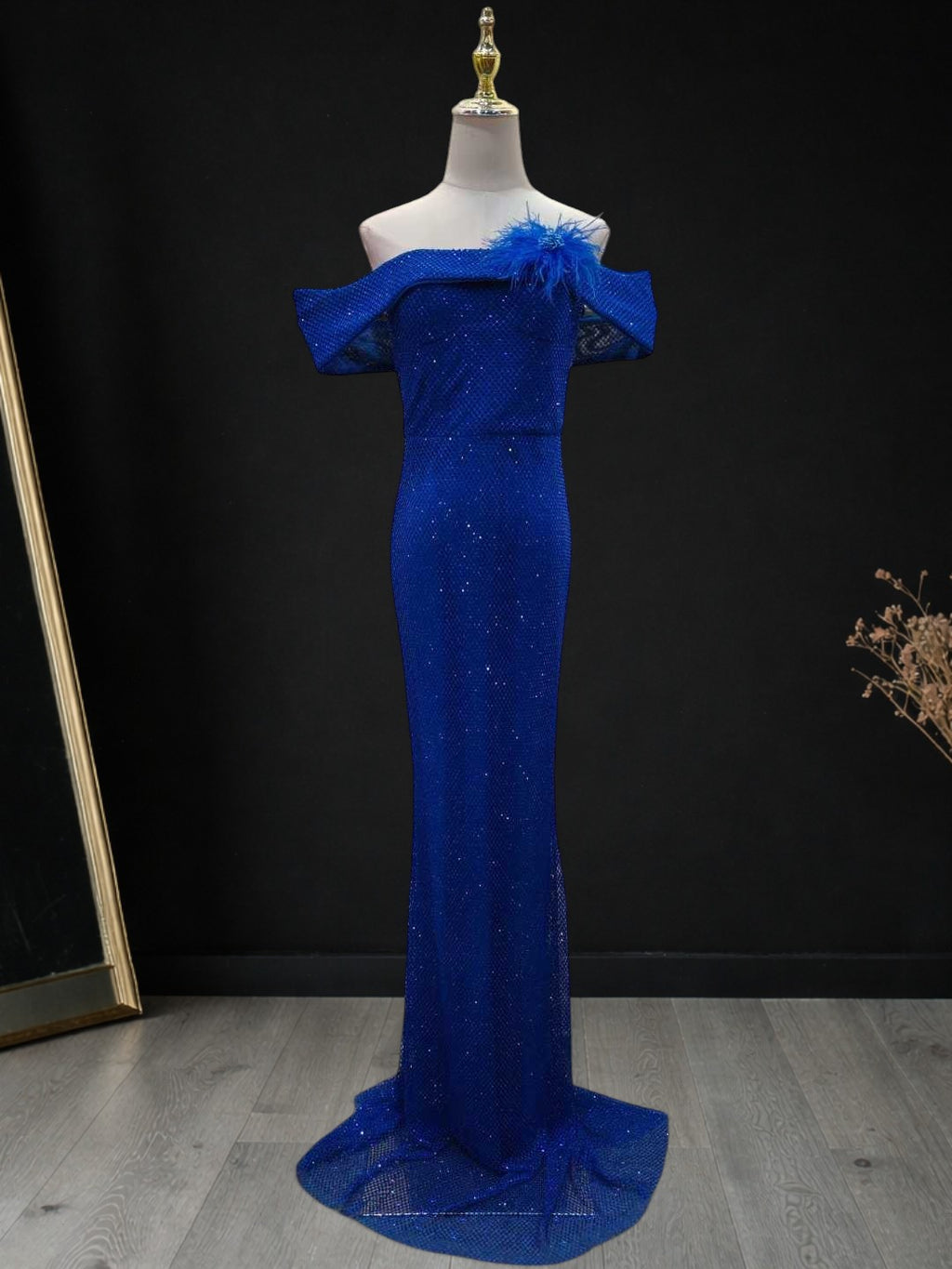 Luxury Off-Shoulder Ostrich Feather Corsage Dvening Dress SML006