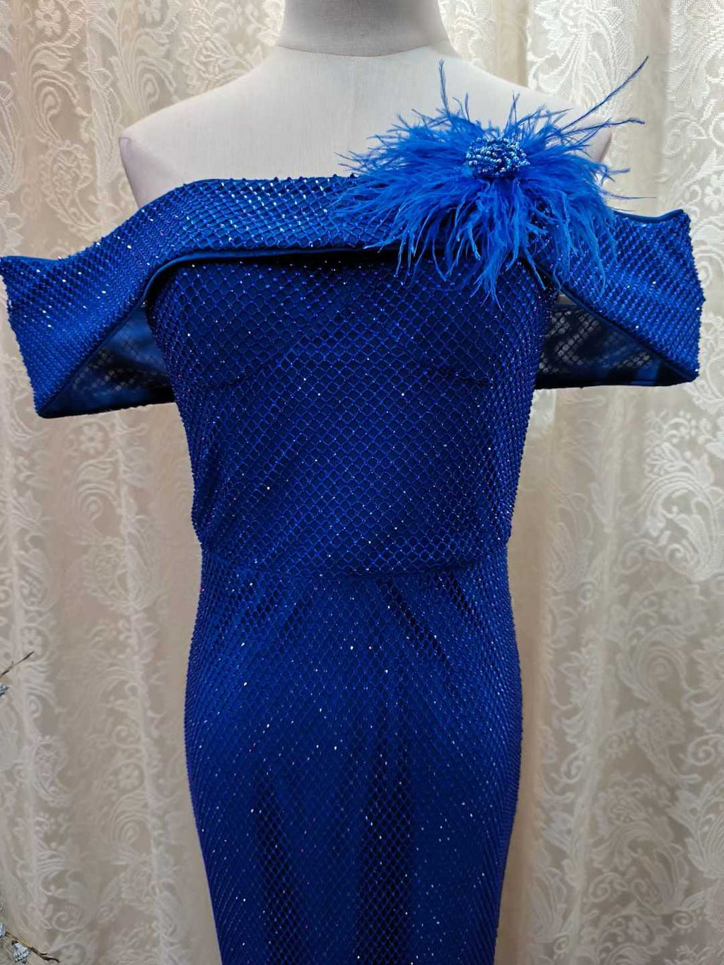 Luxury Off-Shoulder Ostrich Feather Corsage Dvening Dress SML006