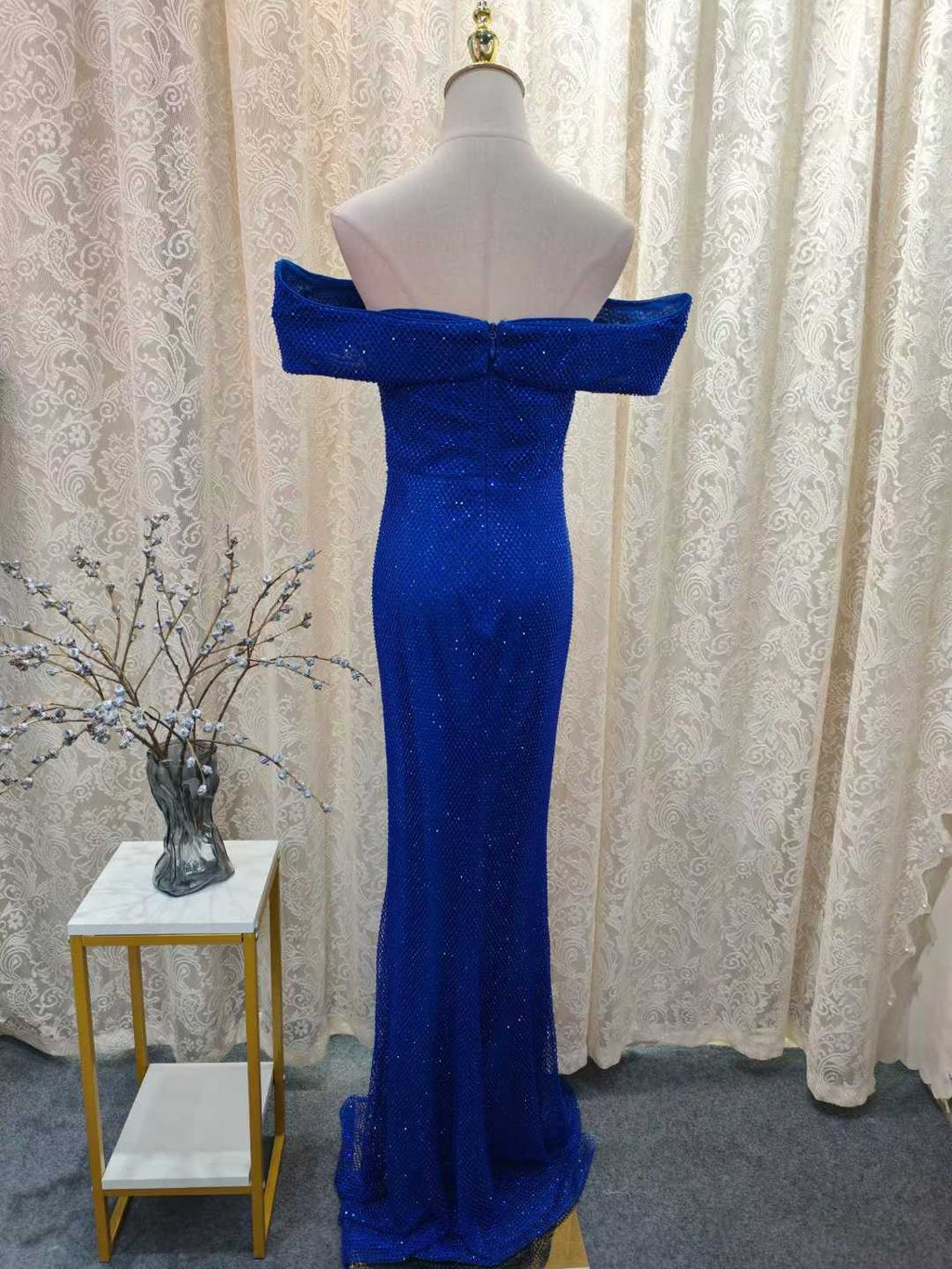 Luxury Off-Shoulder Ostrich Feather Corsage Dvening Dress SML006