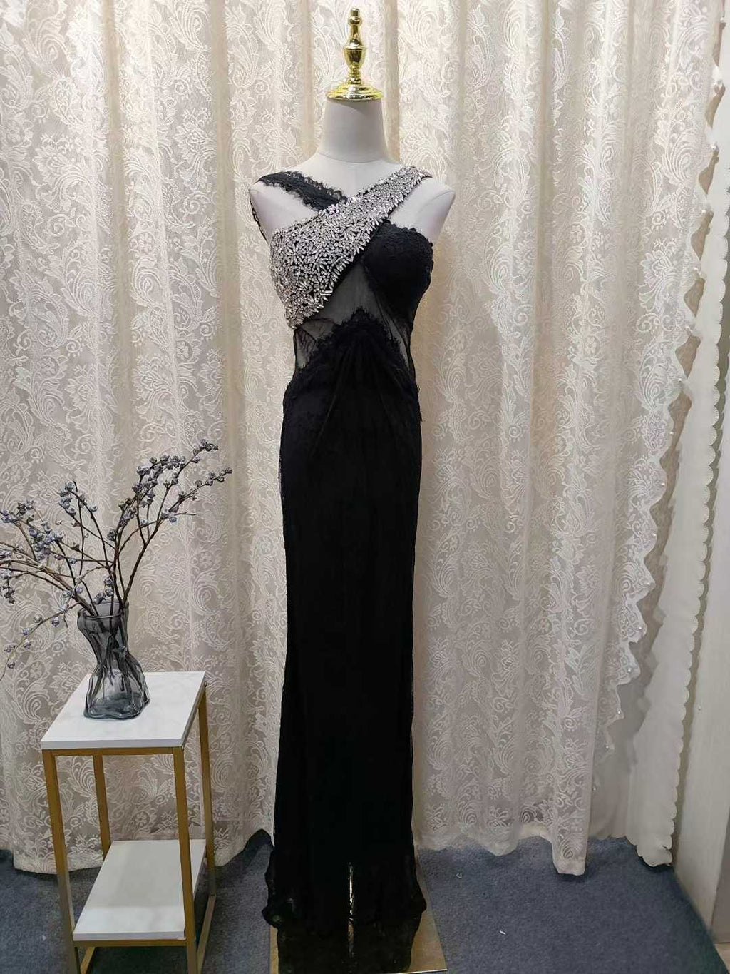 Luxury Halter Crystal Lace Maxi Dress Black SML007