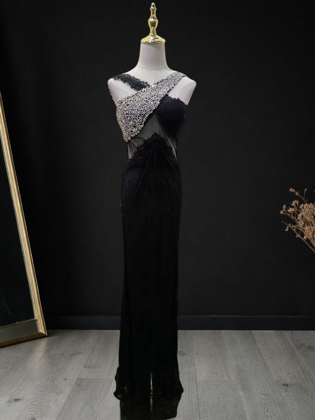 Luxury Halter Crystal Lace Maxi Dress Black SML007
