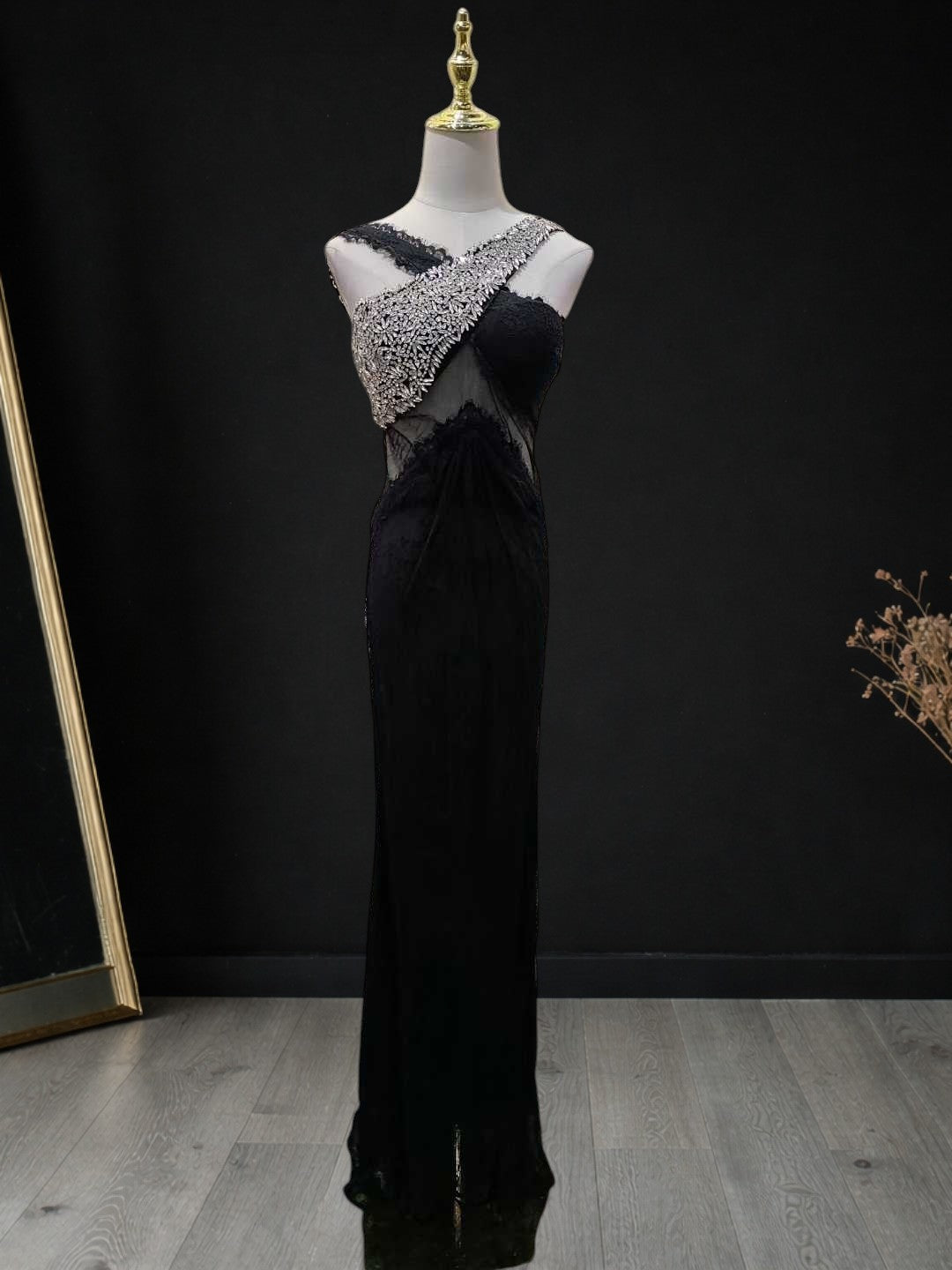 Luxury Halter Crystal Lace Maxi Dress Black SML007