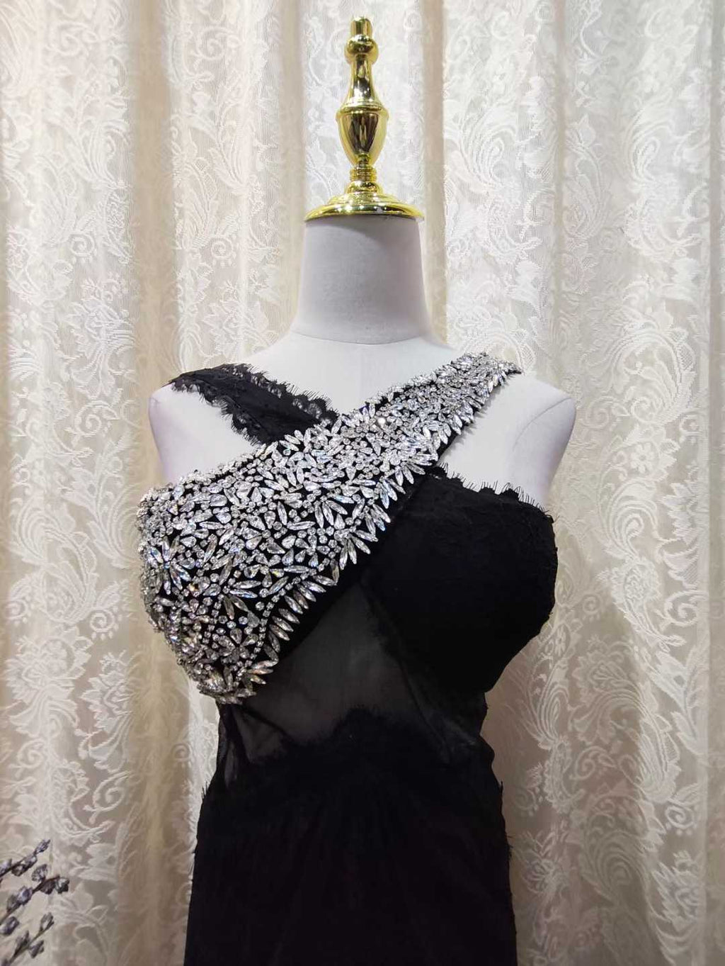 Luxury Halter Crystal Lace Maxi Dress Black SML007