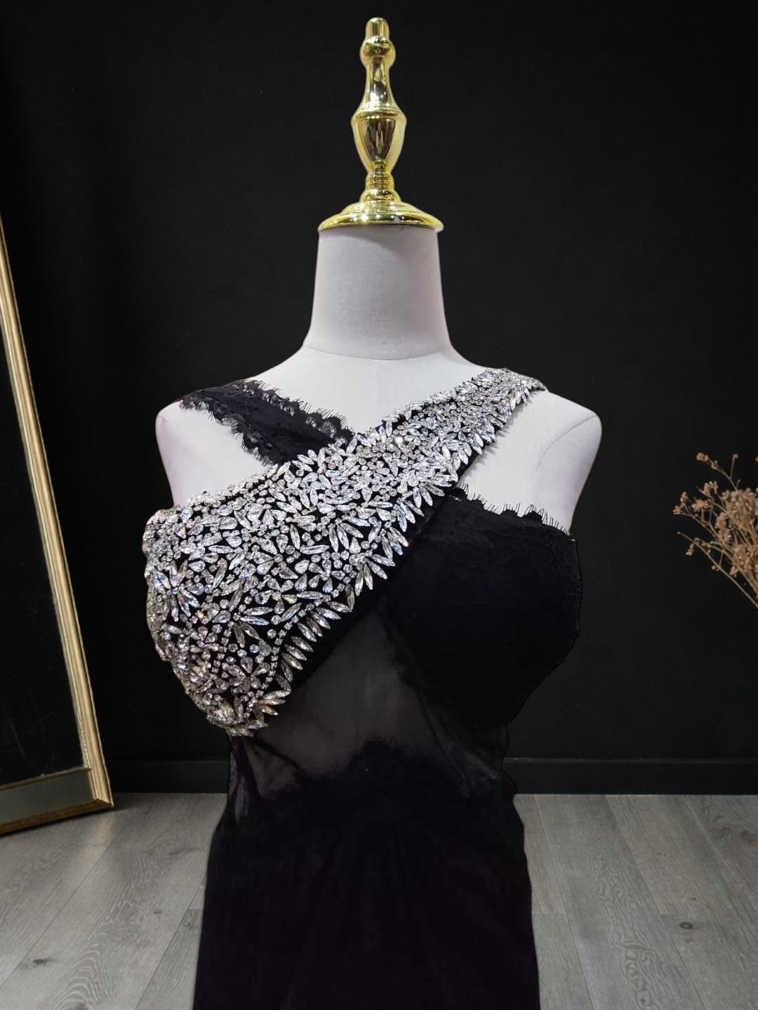 Luxury Halter Crystal Lace Maxi Dress Black SML007