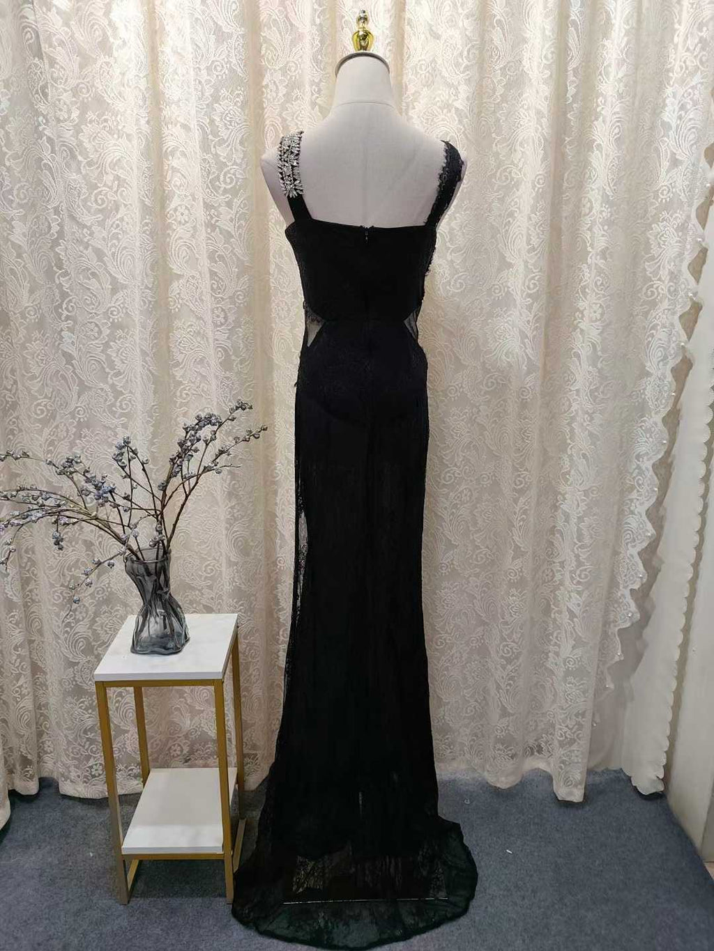 Luxury Halter Crystal Lace Maxi Dress Black SML007