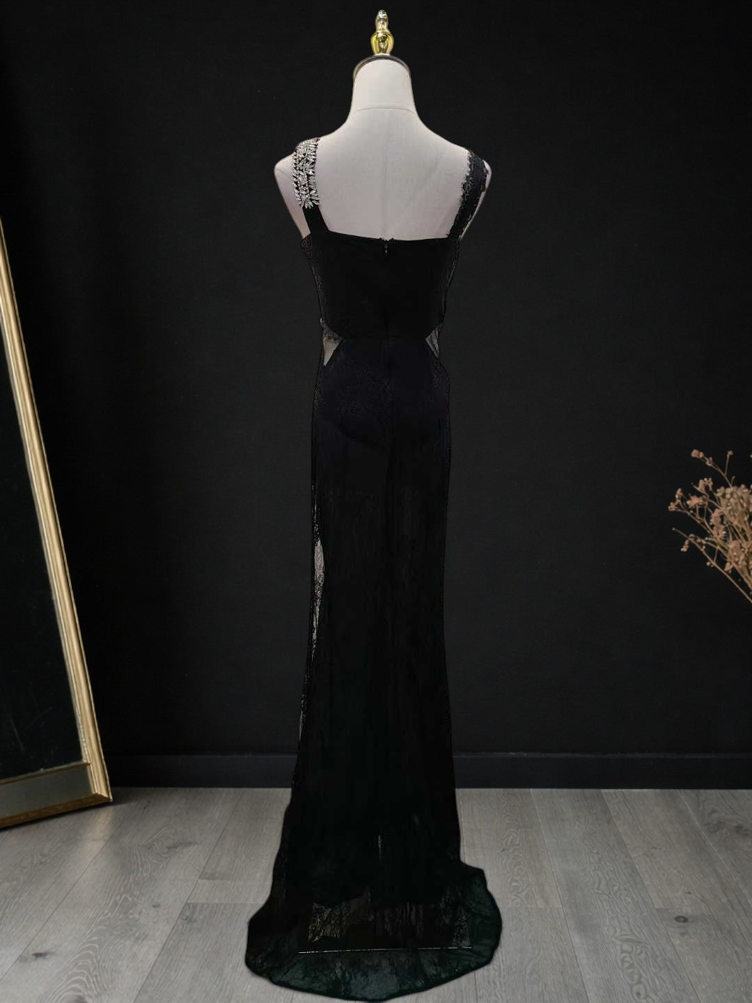 Luxury Halter Crystal Lace Maxi Dress Black SML007