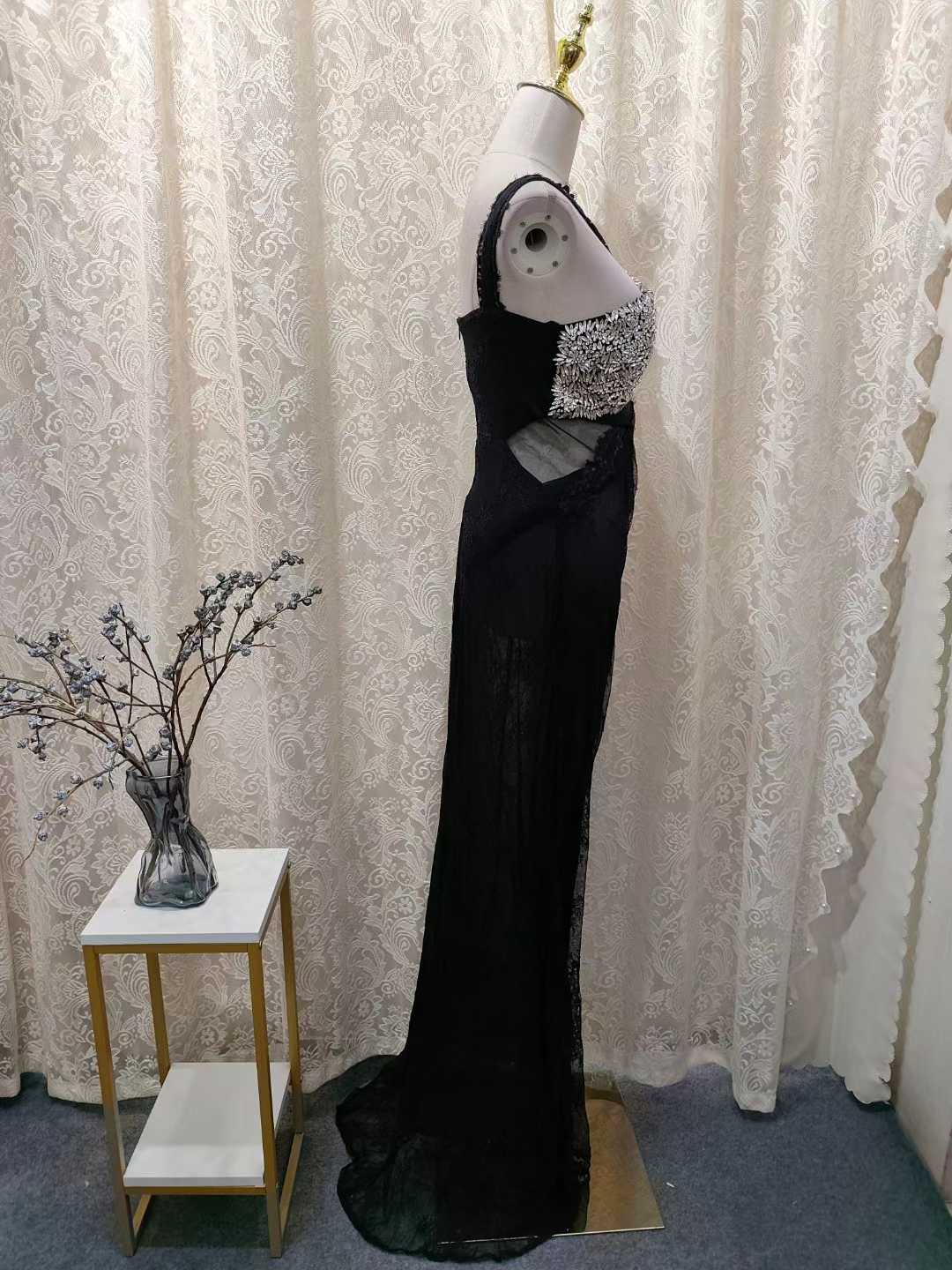 Luxury Halter Crystal Lace Maxi Dress Black SML007