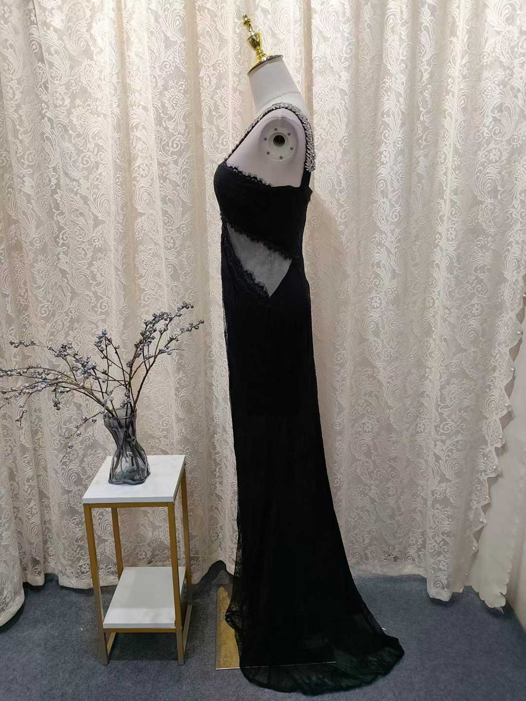 Luxury Halter Crystal Lace Maxi Dress Black SML007