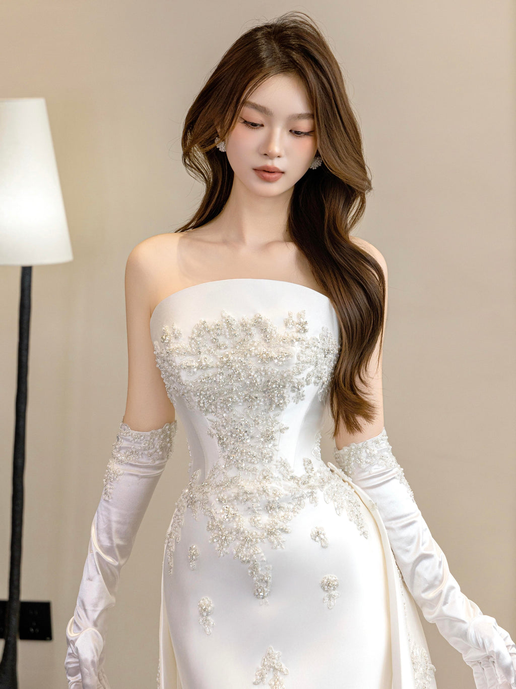 Luxury White Satin Wedding Dress with Overskirt LO210