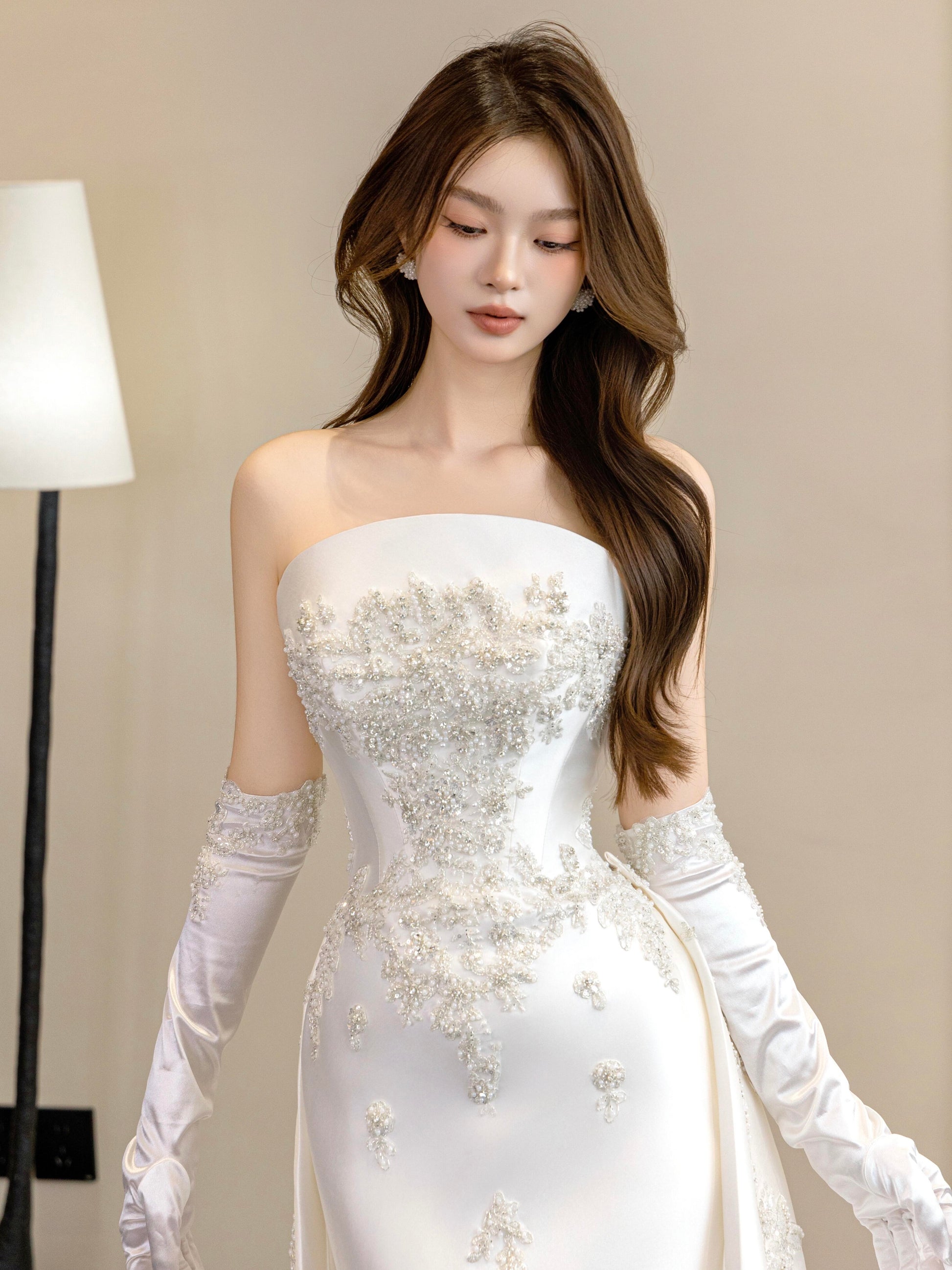 Luxury White Satin Wedding Dress with Overskirt LO210