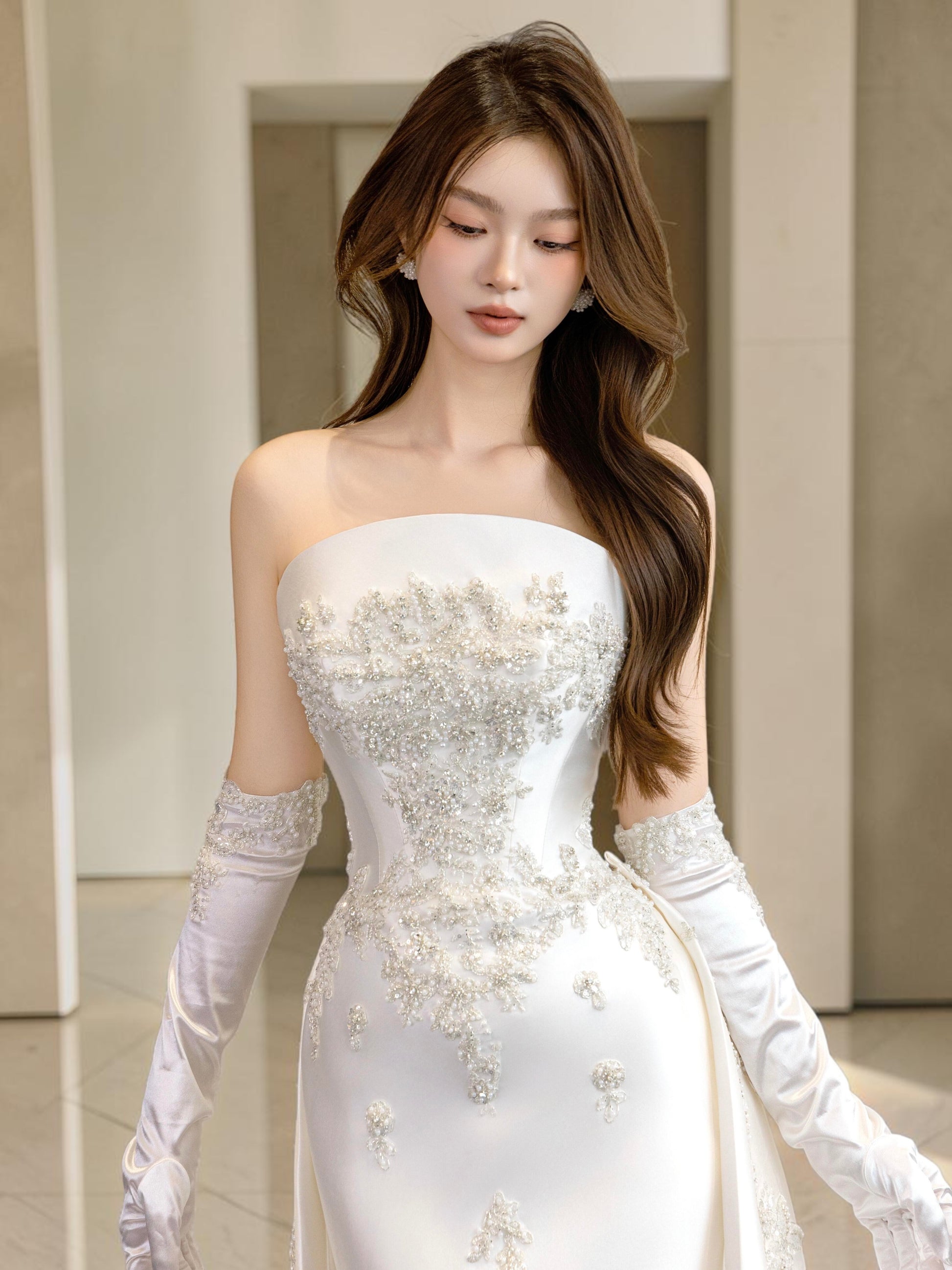 Luxury White Satin Wedding Dress with Long Train  LO210
