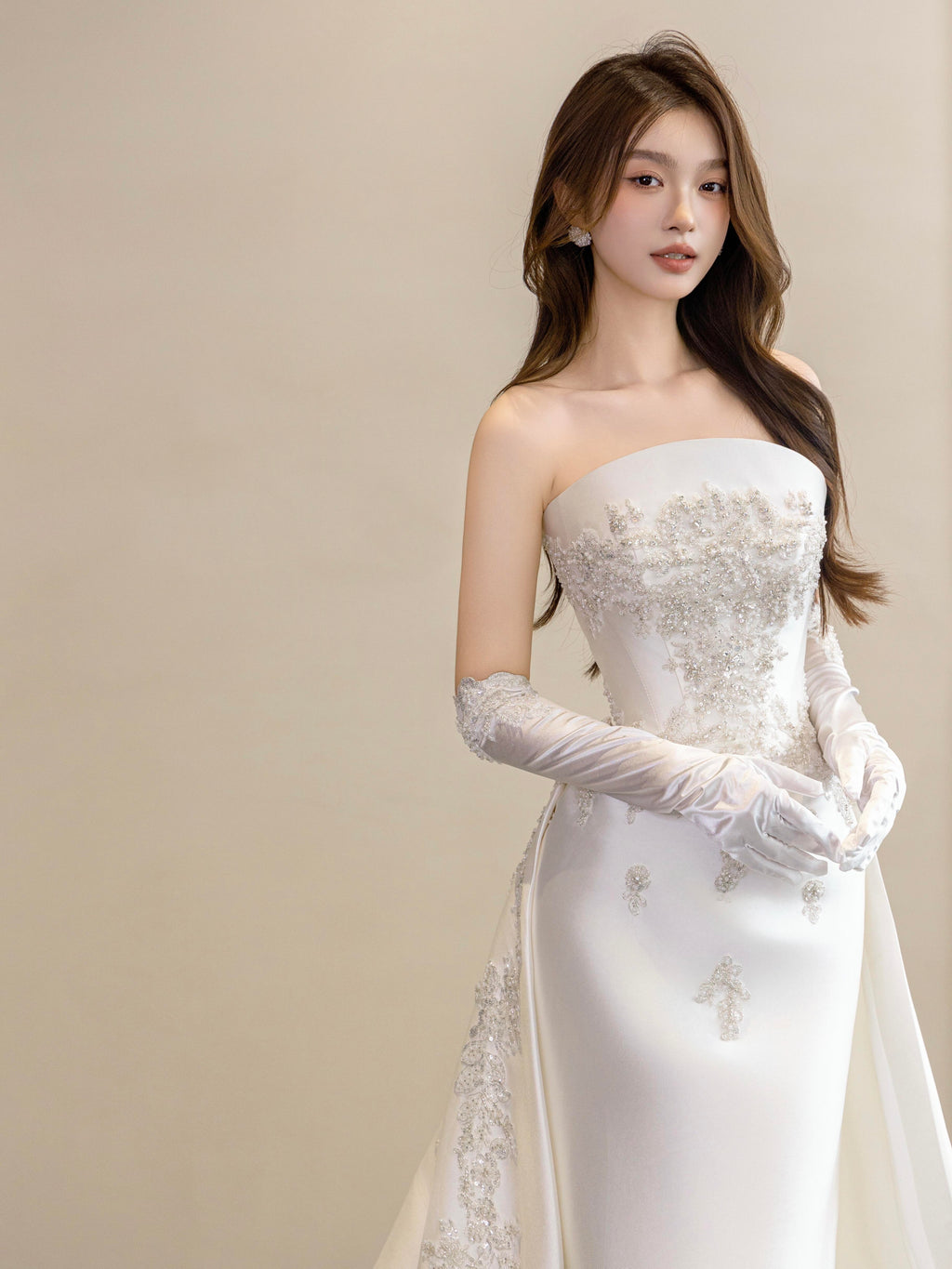 Luxury White Satin Wedding Dress with Overskirt LO210