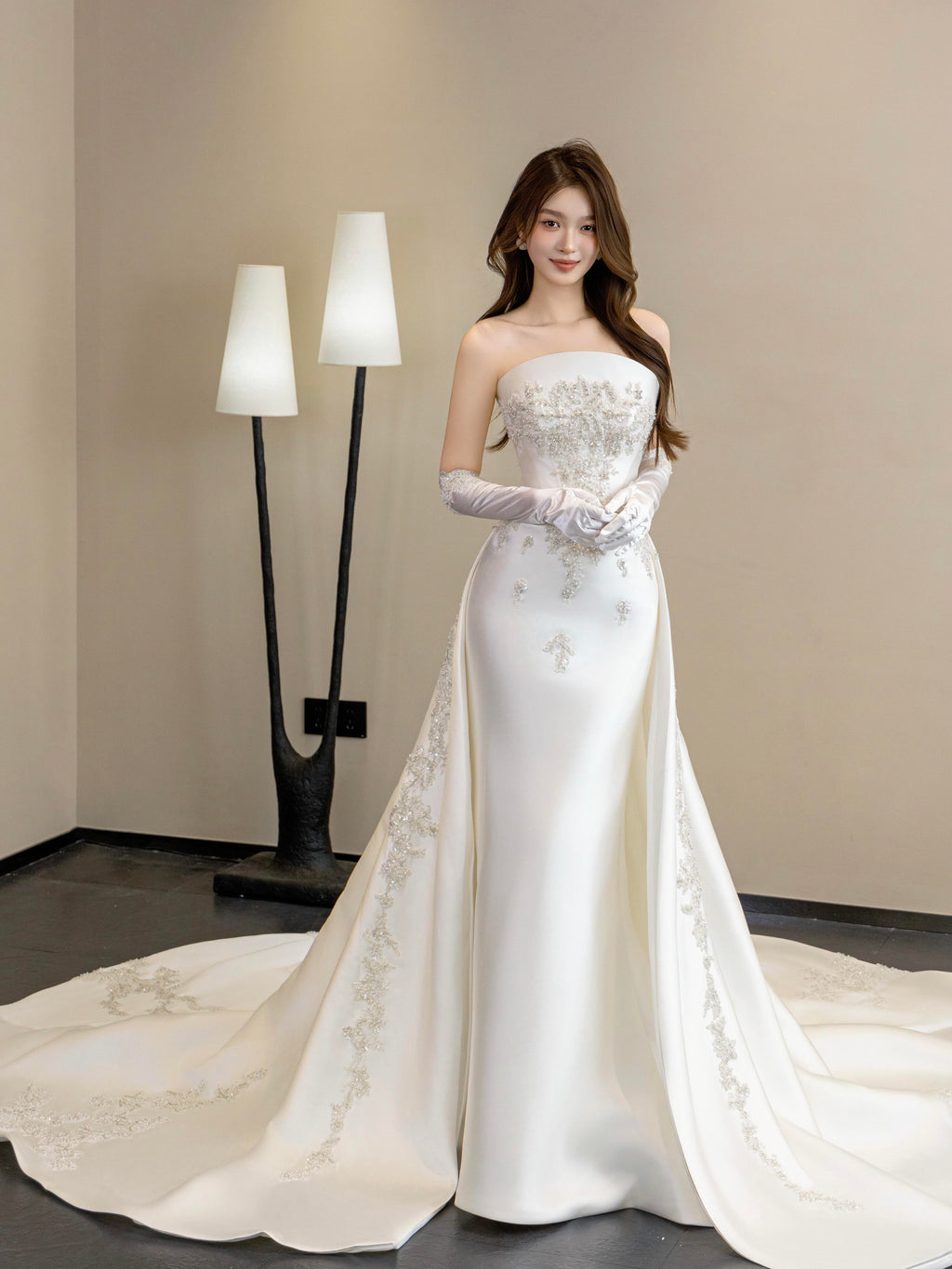 Luxury White Satin Wedding Dress with Overskirt LO210