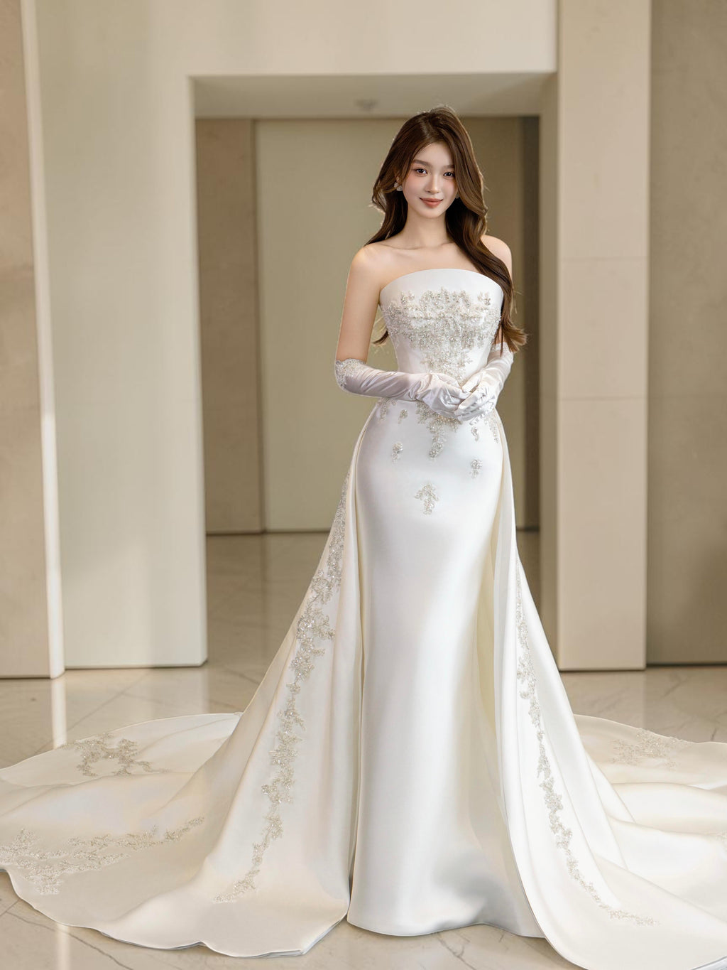 Luxury White Satin Wedding Dress with Long Train  LO210