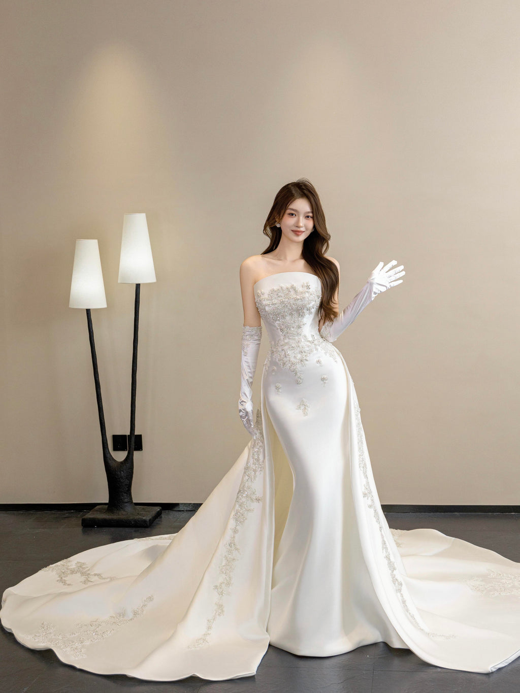 Luxury White Satin Wedding Dress with Overskirt LO210