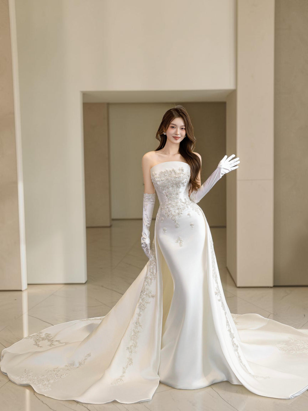 Luxury White Satin Wedding Dress with Long Train  LO210