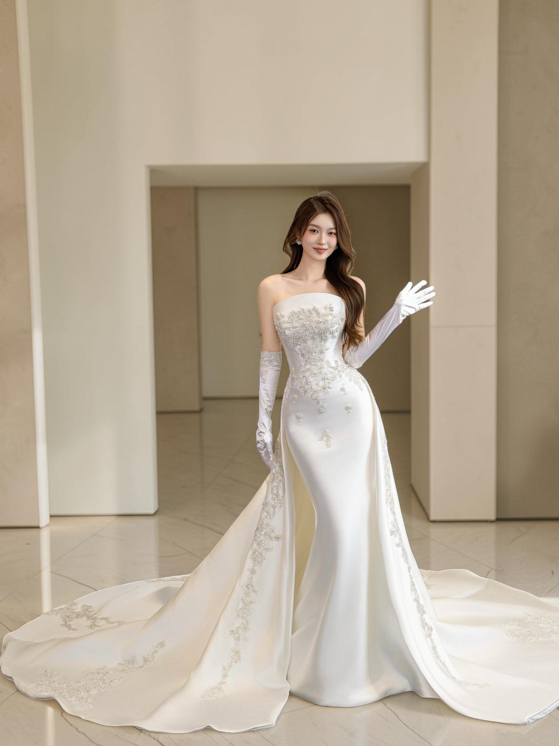 Luxury White Satin Wedding Dress with Long Train  LO210