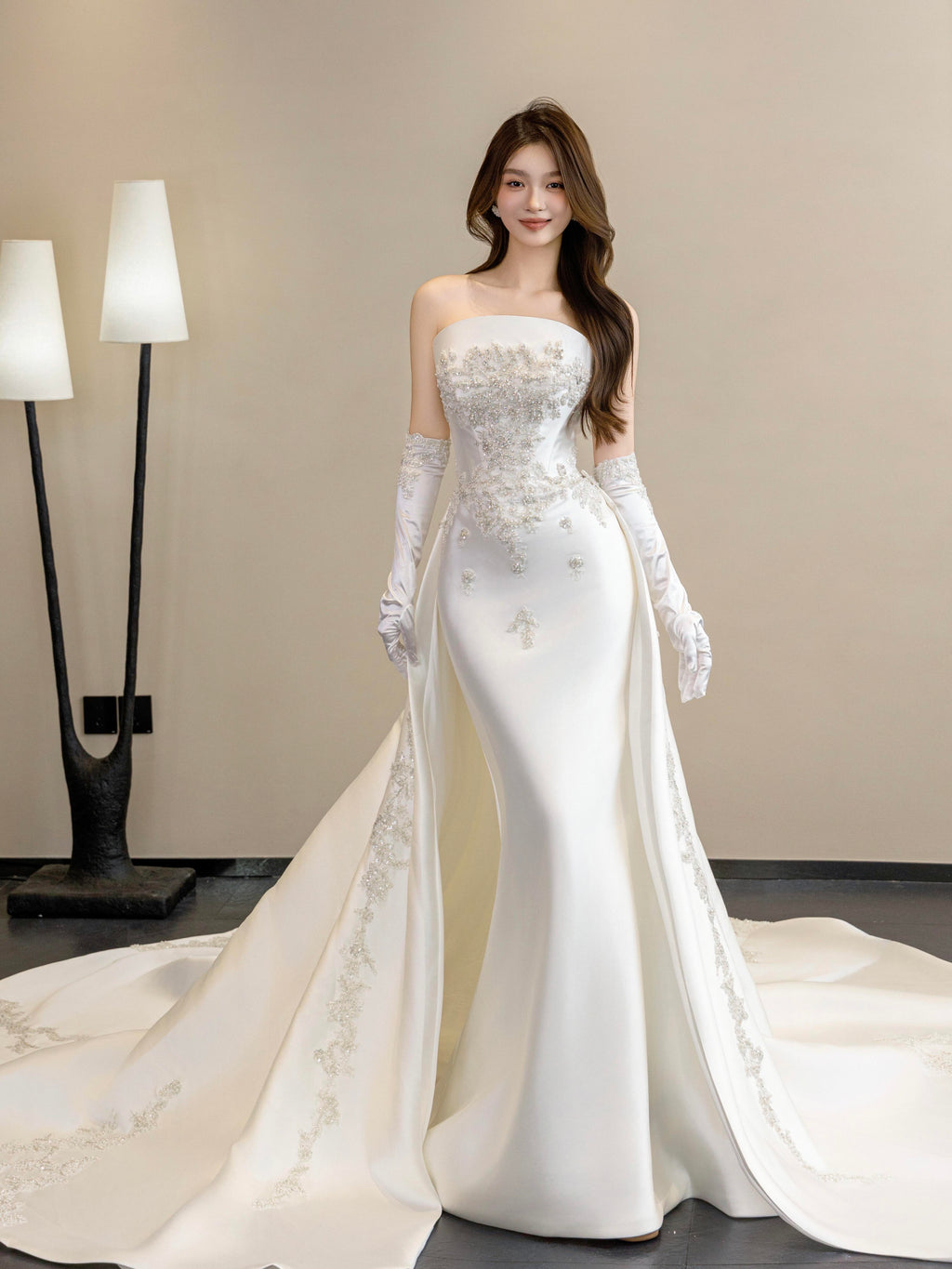 Luxury White Satin Wedding Dress with Overskirt LO210