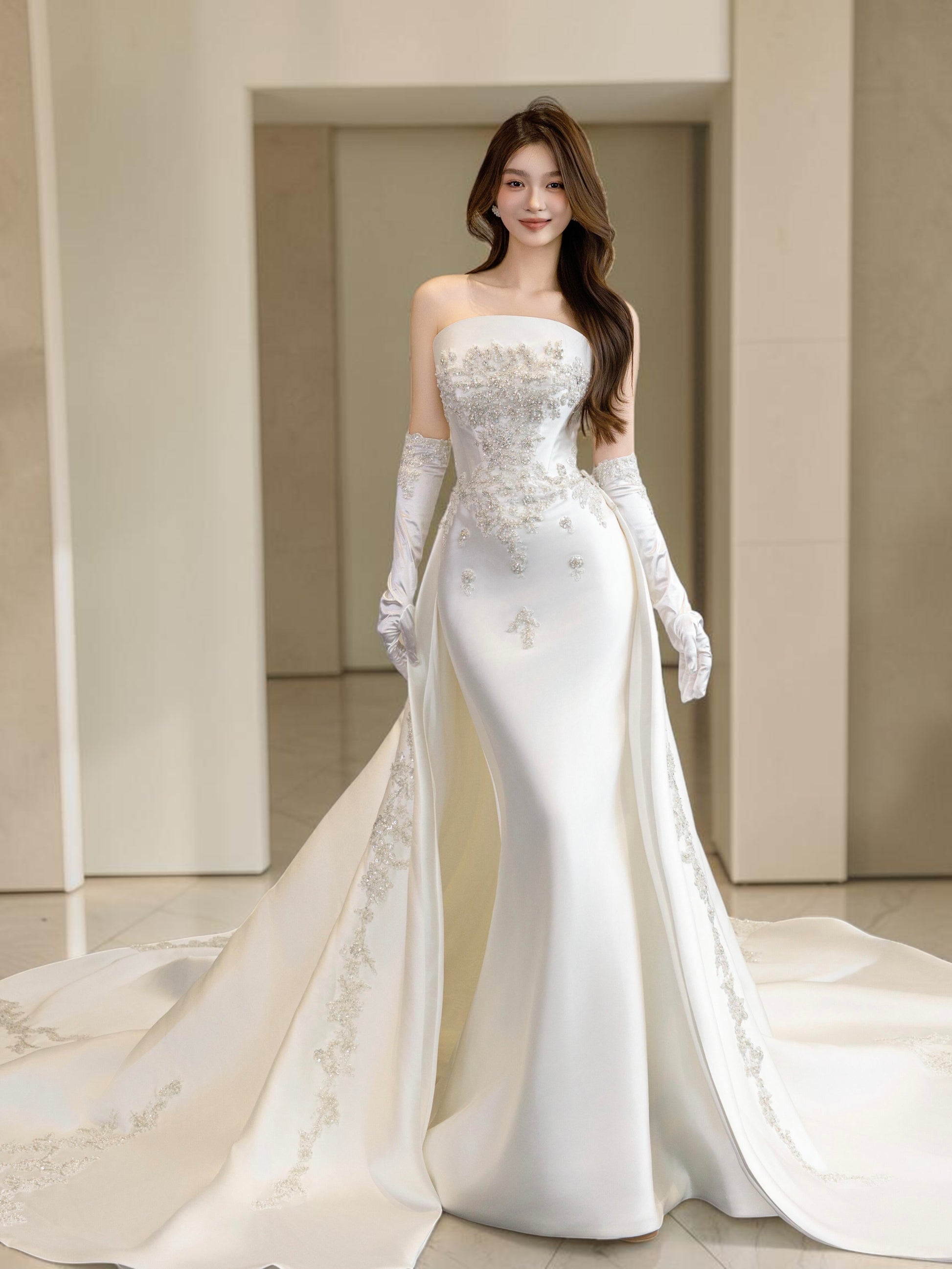 Luxury White Satin Wedding Dress with Long Train  LO210