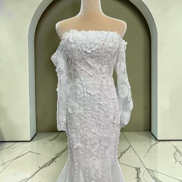 Luxury Off-Shoulder Lace Mermaid Wedding Dress with Long Sleeves LO212