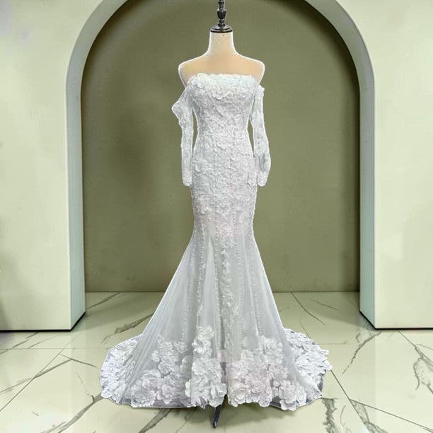 Luxury Off-Shoulder Lace Mermaid Wedding Dress with Long Sleeves LO212