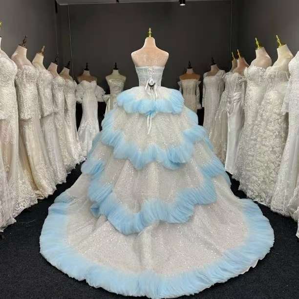 Luxury Layered Blue Tulle Ball Gown Bridal Dress LO213