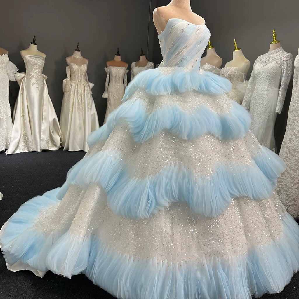 Luxury Layered Blue Tulle Ball Gown Bridal Dress LO213