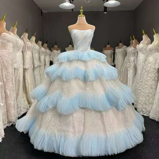 Luxury Layered Blue Tulle Ball Gown Bridal Dress LO213