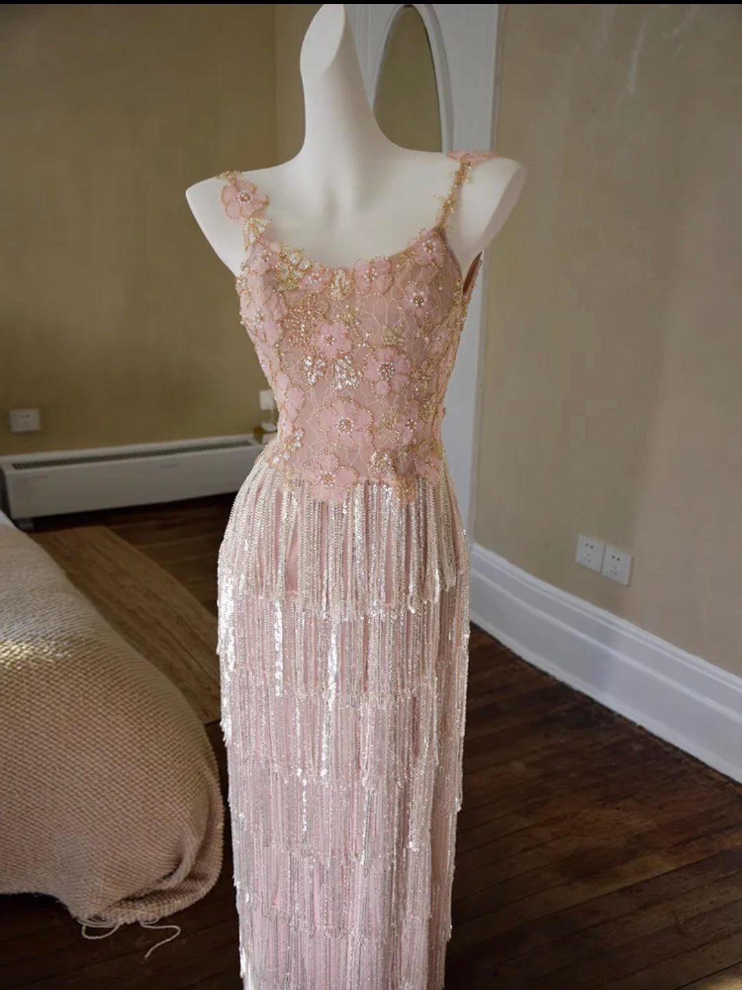 Pink Beaded Spaghetti Strap Column Evening Dress with Floral Appliqué Fringe E014