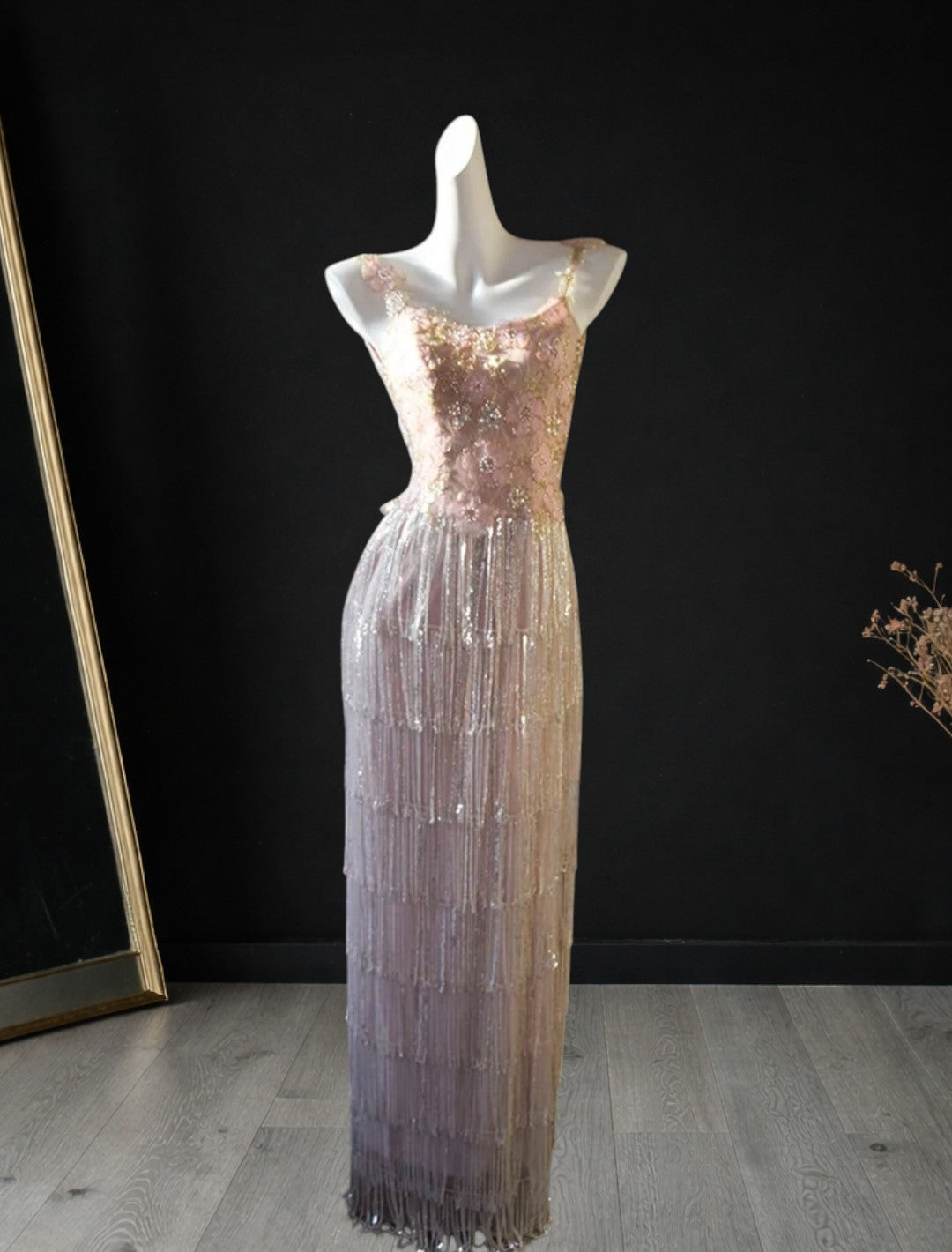 Pink Beaded Spaghetti Strap Column Evening Dress with Floral Appliqué Fringe E014