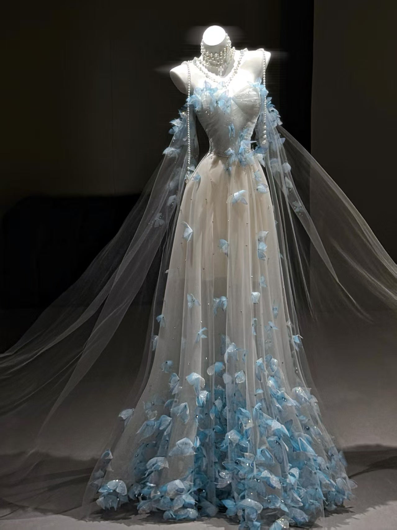 Blue Petal Appliqué Beaded A-Line Evening Dress with Sheer Tulle Cape YL125