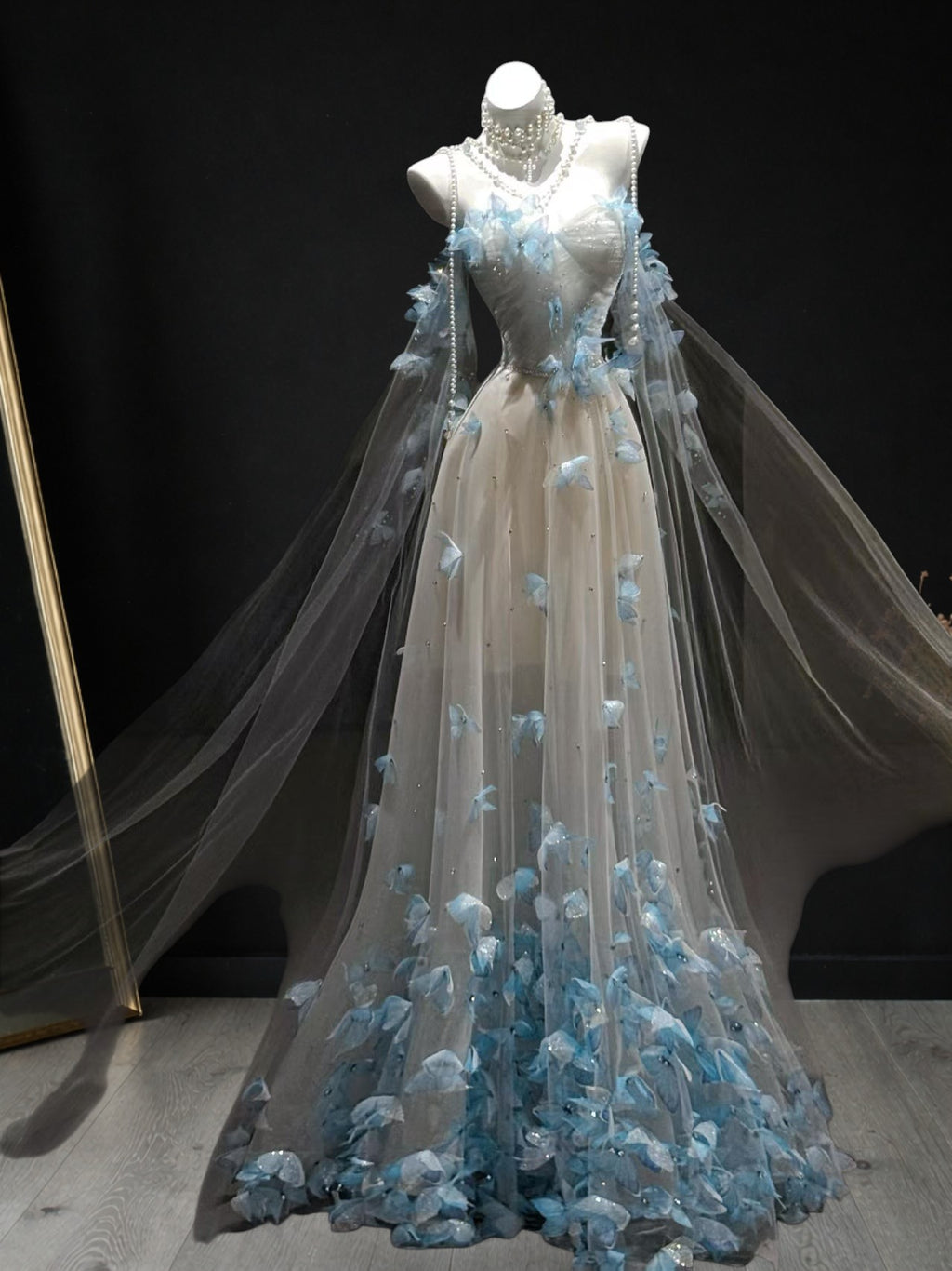 Blue Petal Appliqué Beaded A-Line Evening Dress with Sheer Tulle Cape YL125